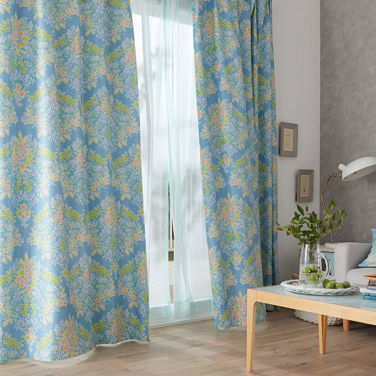 青緑 花柄 ドレープカーテン 日本製 花柄 ドレープカーテン ミチクサ 100×200｜ユニットシェルフ