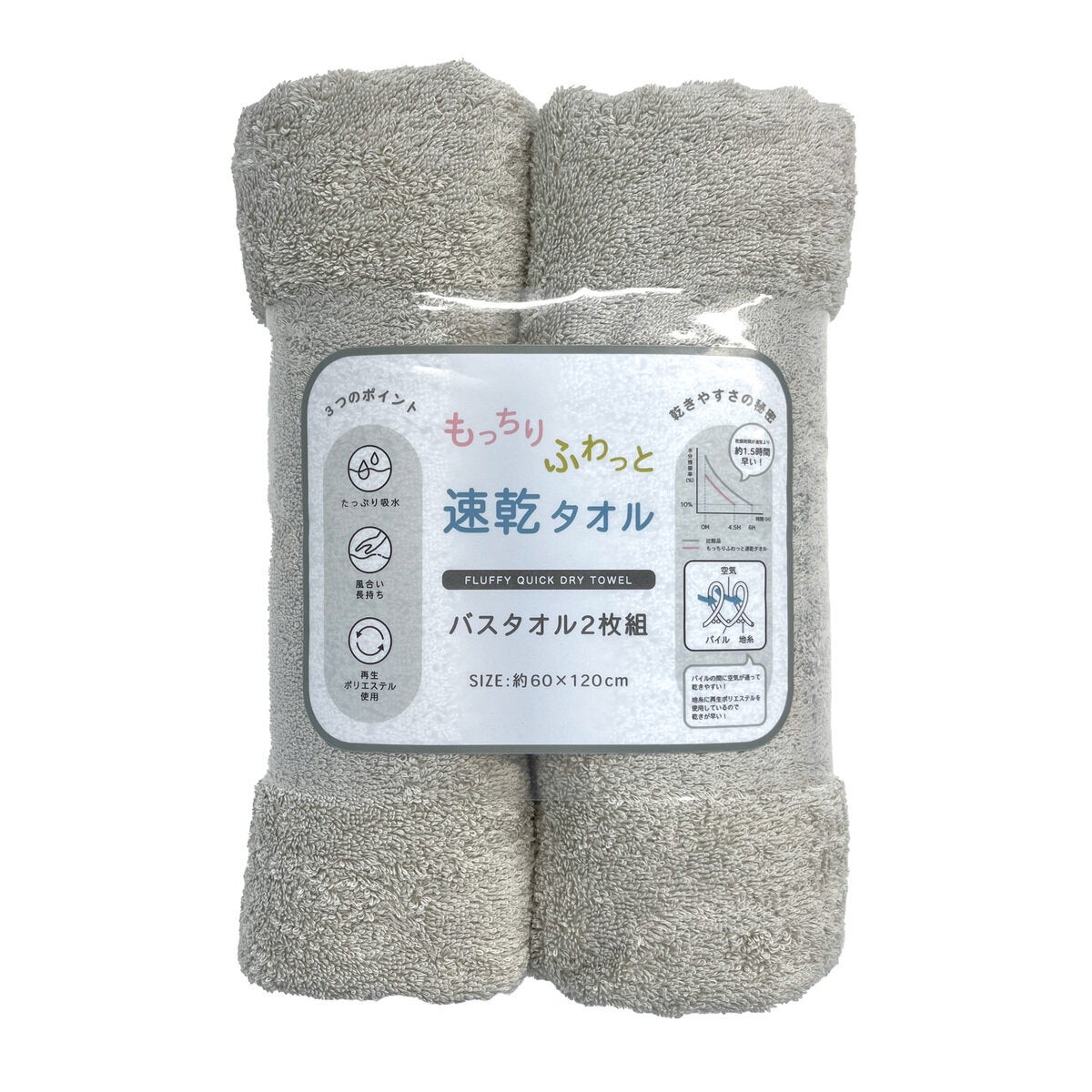 もっちりふわっと速乾バスタオル 2枚セット 60cm x120cm グレー