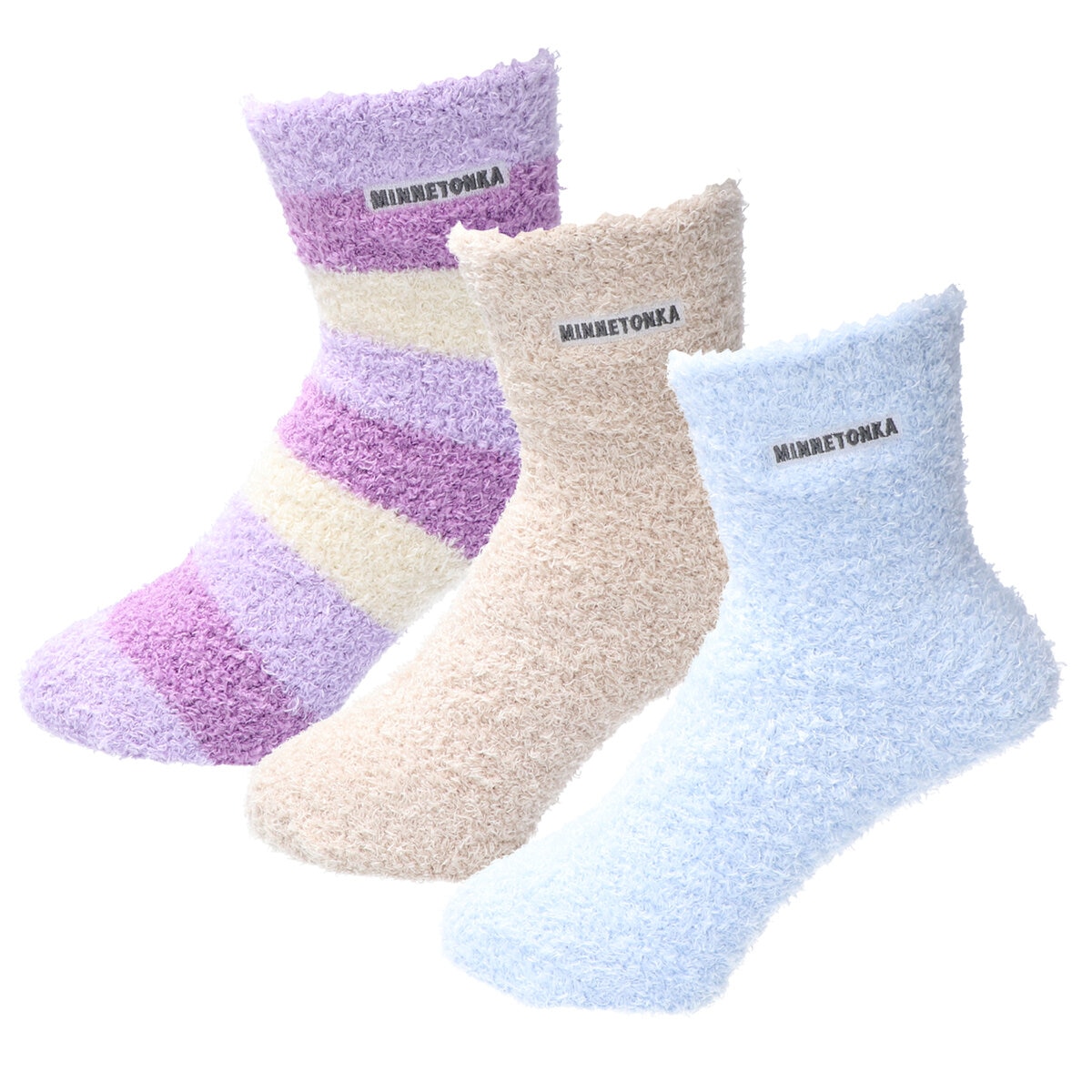ミネトンカ ラウンジソックス 3足組 ブルー/ベージュ/パープルボーダー