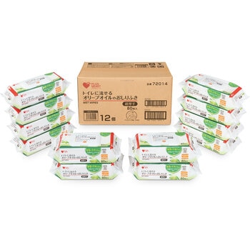 プラスハート トイレに流せるオリーブオイルのおしりふき フタ付 80枚 x 12個