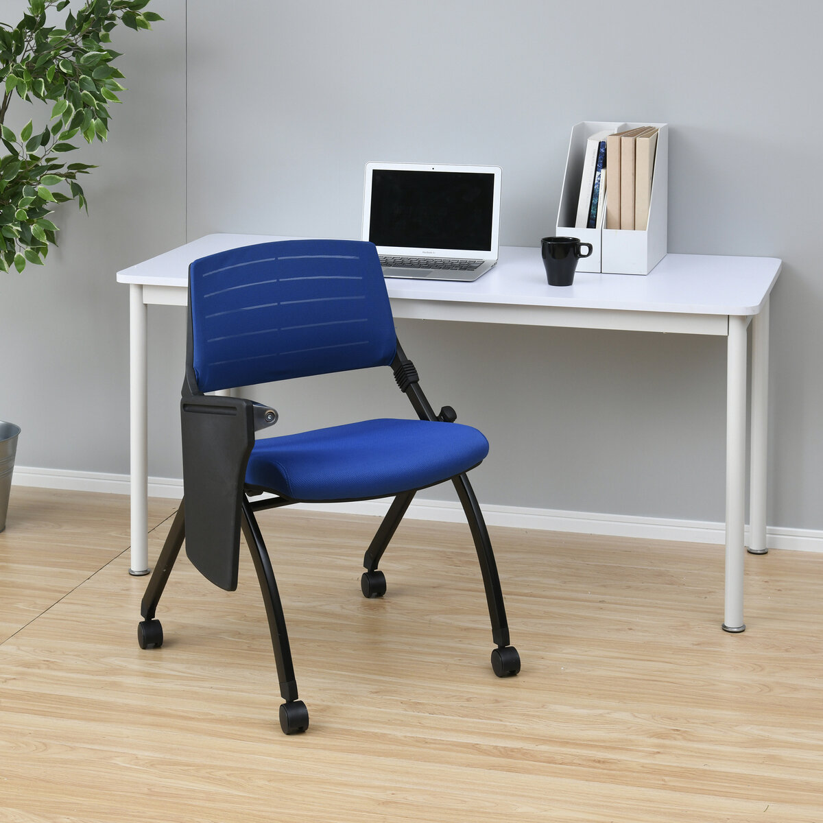 YAMAZEN キャスター付きミーティングチェア メモ台付き ブルー