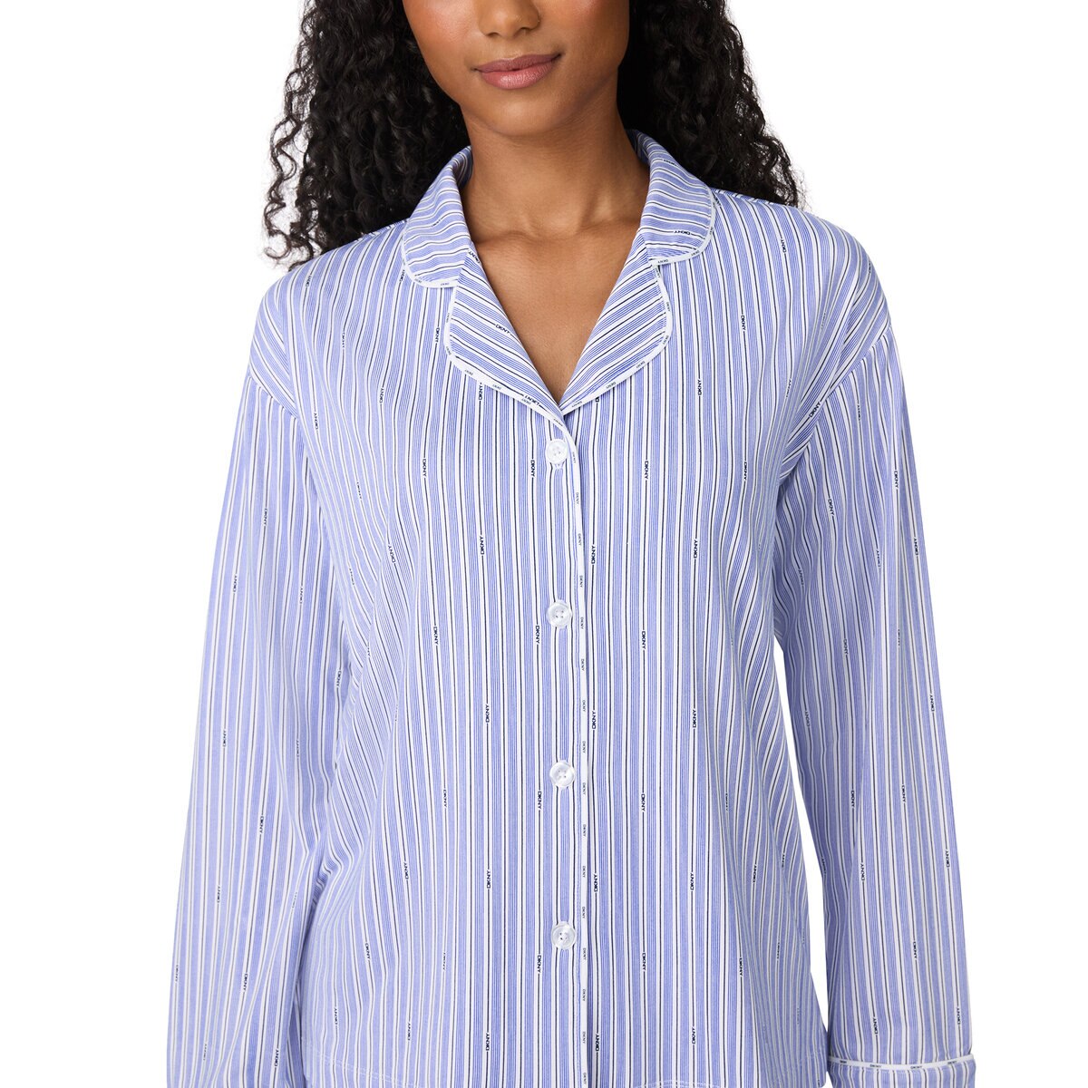 DKNY レディース ノッチカラー長袖パジャマ ライトブルーストライプ S