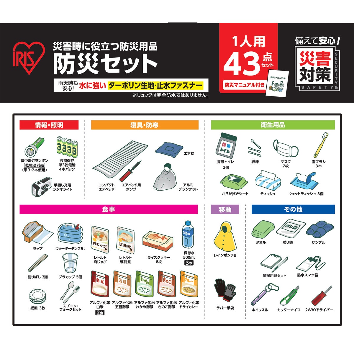 アイリスオーヤマ 防災リュックセット 食品付き 1人用 43点  NBS1-43