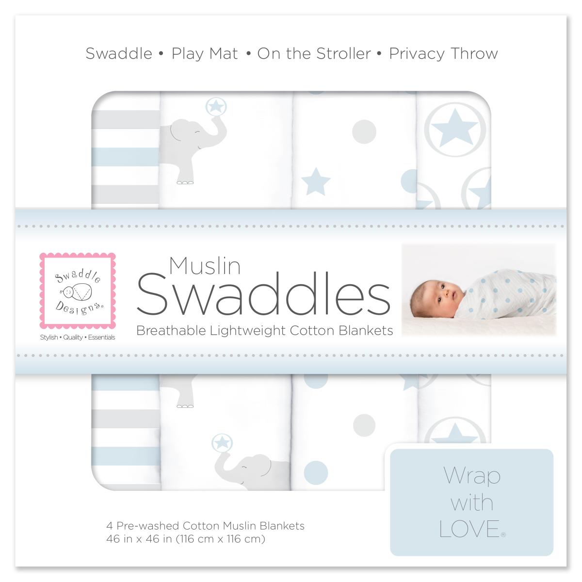 スワドルデザイン おくるみセット4枚組 ストライプ/エレファント/スター ＆ ドット/スター (パステルブルー)