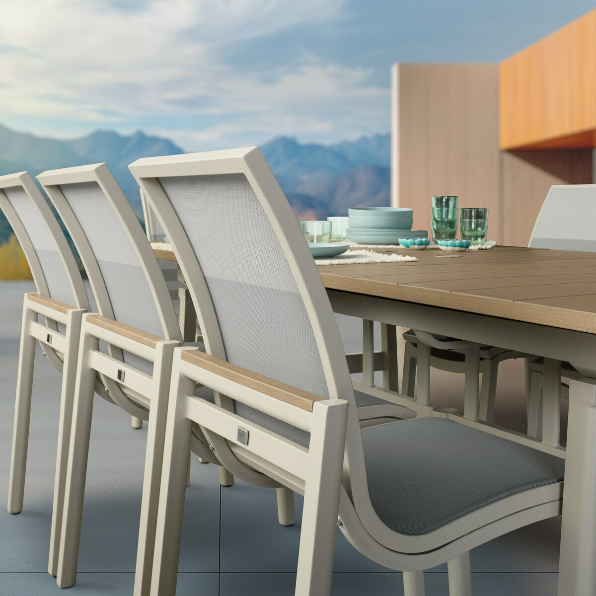 アジオ Morien 屋外用家具 伸長式テーブル ダイニング 9点セット