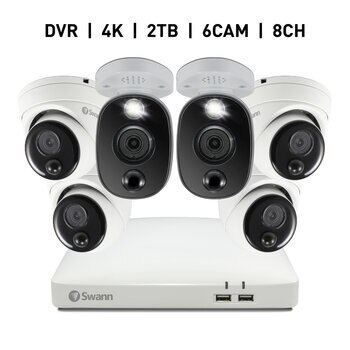 SWANN 8CH 4K DVRシステム 2TB 警告ライト バレット型 カメラ2個&ドーム型 カメラ4個 計6個セット