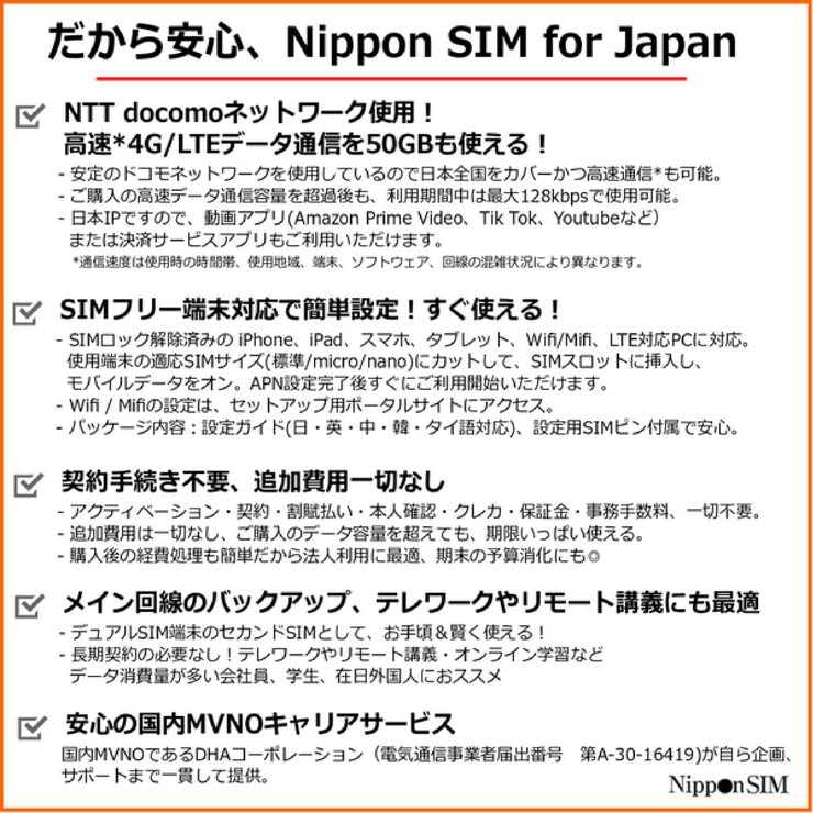 Nippon SIM for Japan eSIM 180日/50GB/国内用/DHA-SIM-165
