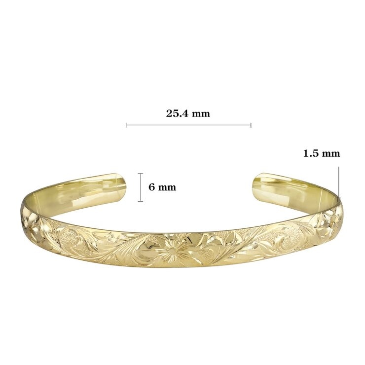 14K イエローゴールド トラディショナル カフ ブレスレット 幅 6mm 長さ16cm