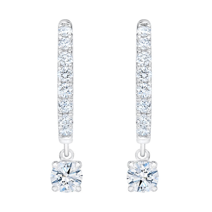 14K ホワイトゴールド 1.00カラット ラウンドカット ダイヤモンド ダングルフープピアス