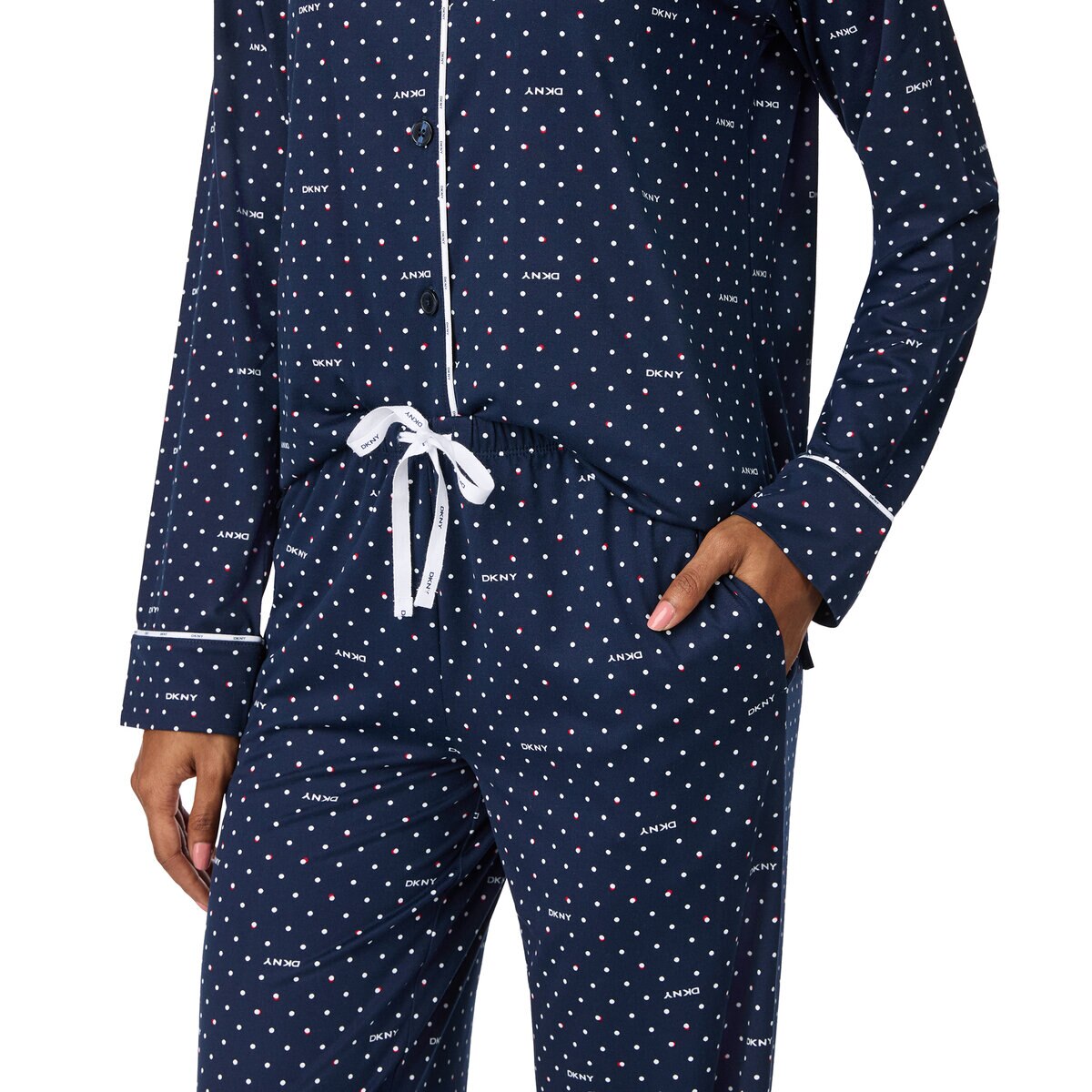 DKNY レディース ノッチカラー長袖パジャマ ネイビードット M