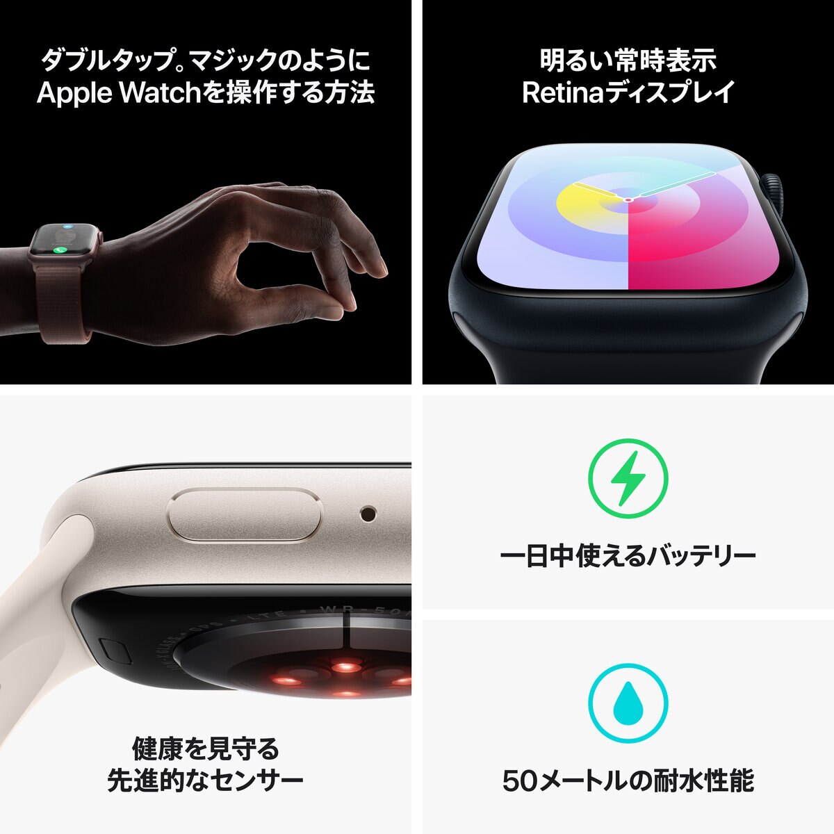 Apple Watch Series 9（GPS + Cellularモデル）- 45mmシルバーアルミニウムケースとストームブルースポーツバンド - M/L
