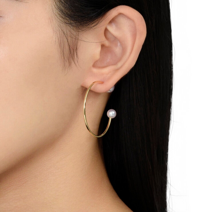 あこやパール 18Kイエローゴールド 7.5㎜ & 6.0㎜ 2WAY フープ風 ピアス あこやパール 18Kイエローゴールド 7.5㎜ & 6.0㎜ 2WAY フープ風 ピアス