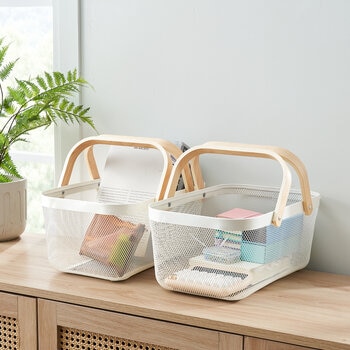 メッシュワイヤーバスケット 2個セット（木製取っ手付き）