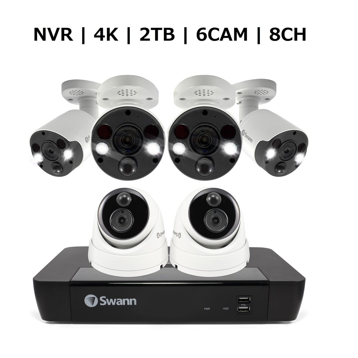 Swann（スワン）8CH 4K NVRシステム 2TB 4K 顔認識 バレットカメラ4台＆ドームカメラ2台  計6台セット
