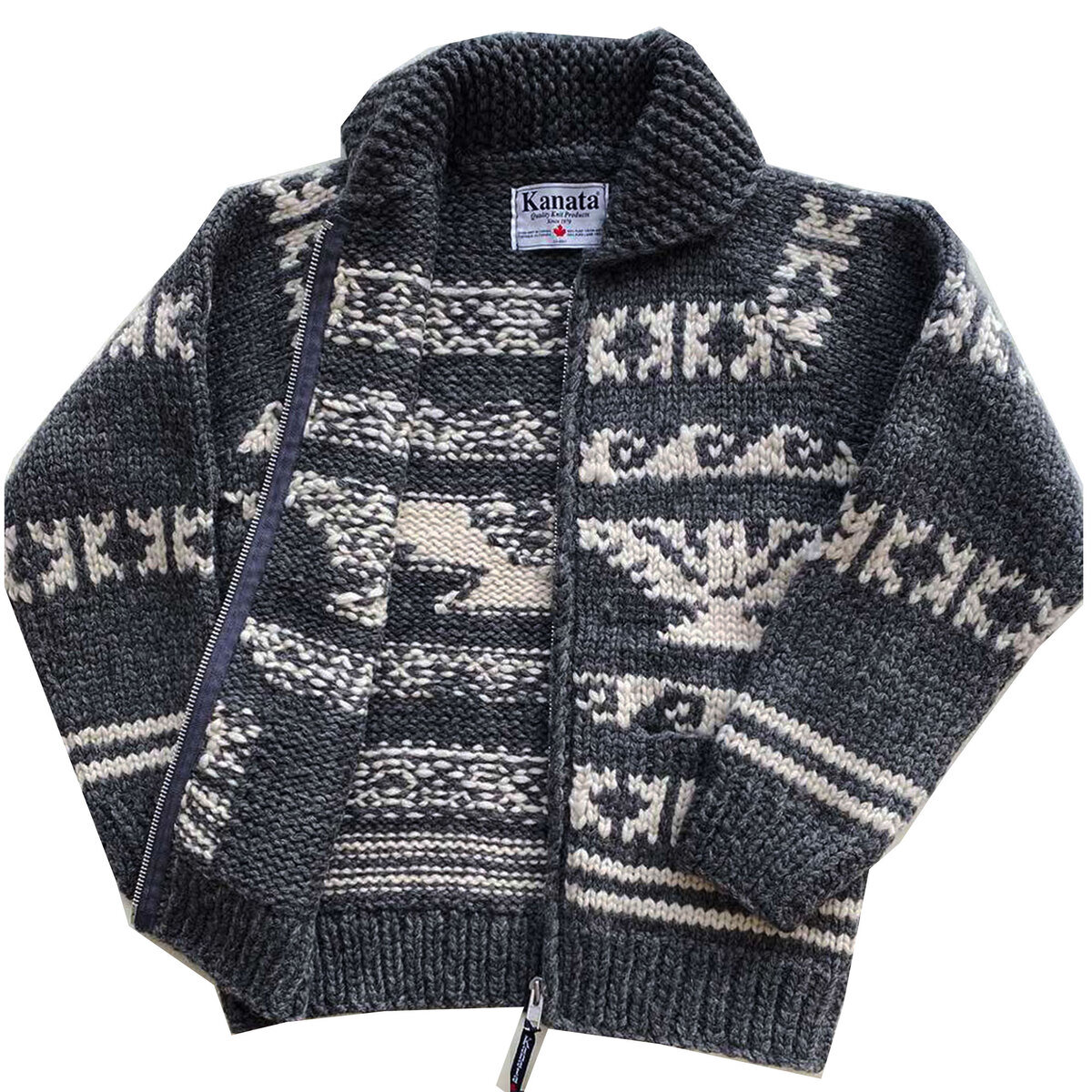 トップ カシウエア ショールカラー カウチン カーディガン グレー L