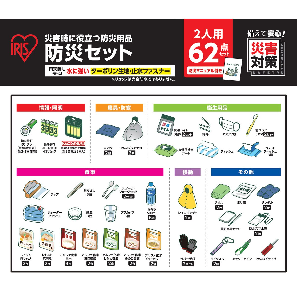 アイリスオーヤマ 防災リュックセット 2人用 食品付き 62点 NBS2-62