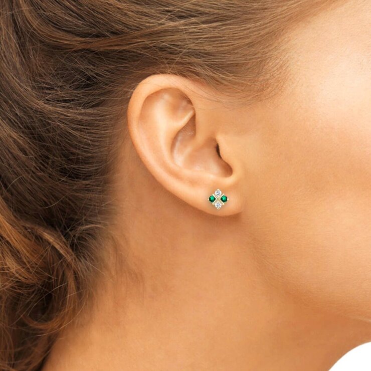 18K イエローゴールド 0.25CT ダイヤモンド&合成エメラルド ピアス