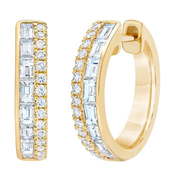 14K イエローゴールド 0.80カラット ラウンド & バゲット ダイヤモンド フープ イヤリング