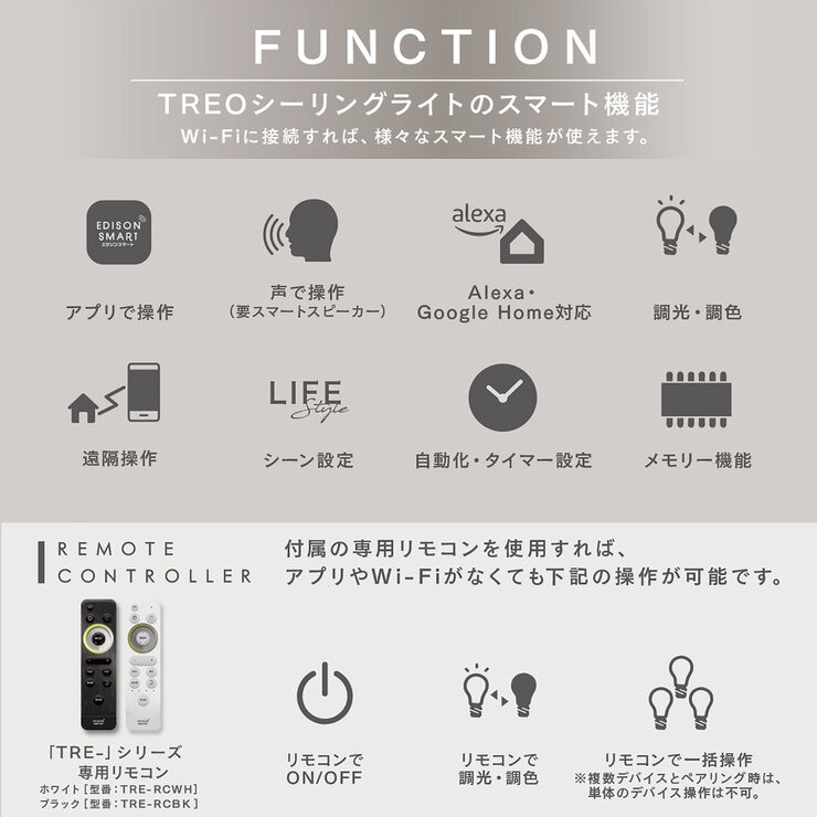 Edison Smart（エジソンスマート）TREO シーリングライト ブラックTRE-TZ453BK・ホワイトTRE-TZ453WH
