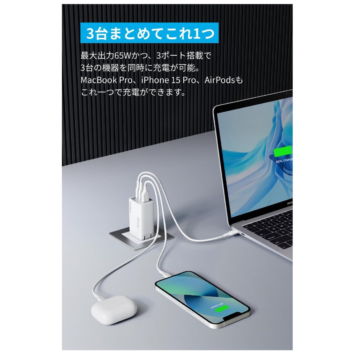 Anker（アンカー）735 GaNPrime 急速充電器 3ポート 最大出力65W ホワイト A2668N21