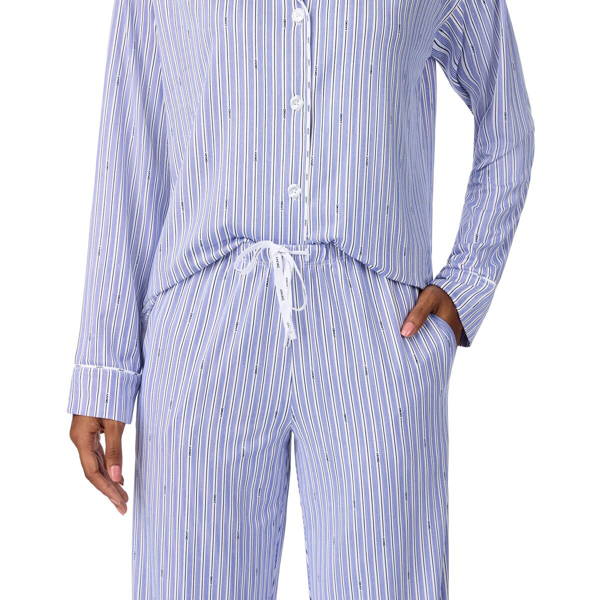 DKNY レディース ノッチカラー長袖パジャマ ライトブルーストライプ L