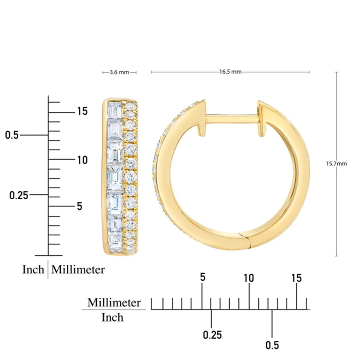 14K イエローゴールド 0.80カラット ラウンド & バゲット ダイヤモンド フープ イヤリング