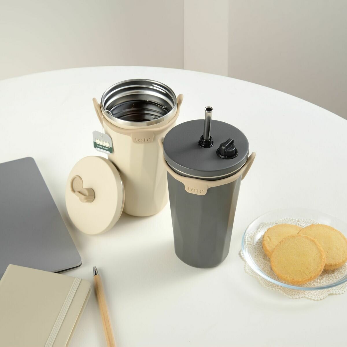 トート ストロー付 2 Way タンブラー 570ml 2本セット アイボリー&チャコールグレー