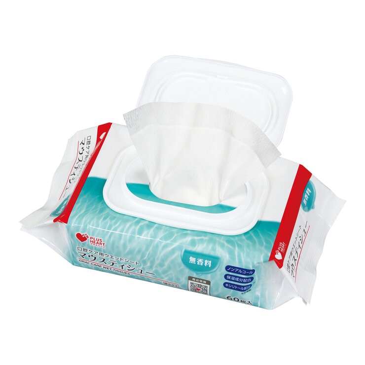 プラスハート 口腔ケア用ウエットシート マウスティシュー 無香料 60枚入 日本製 ノンアルコール フタ付き
