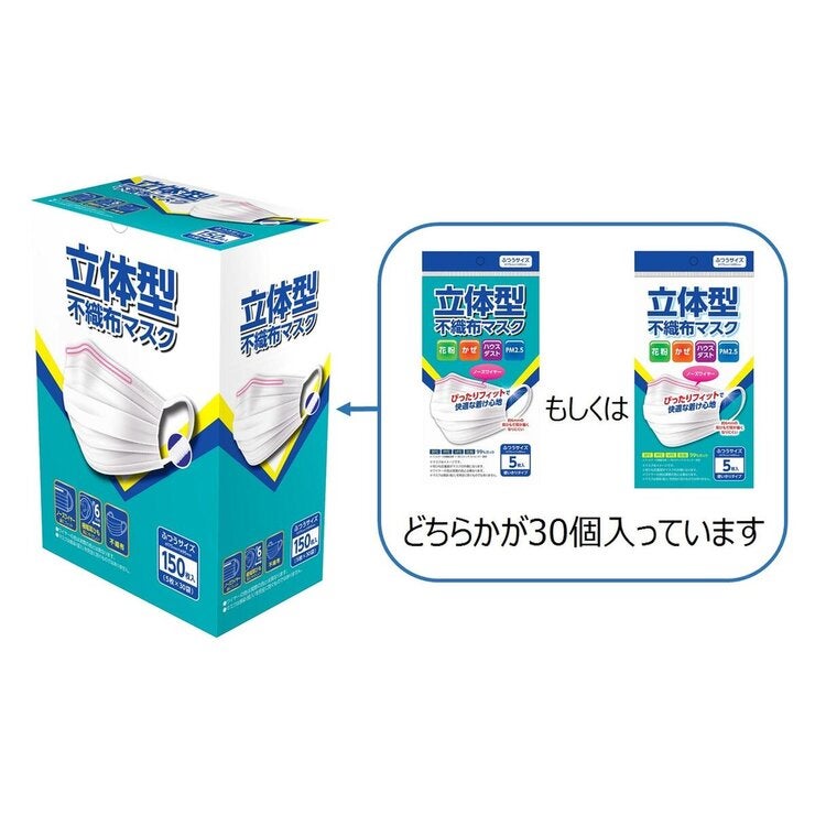 3層 立体型不織布マスク ふつうサイズ 耳紐6mm 5枚 x 30 3層 立体型不織布マスク ふつうサイズ 耳紐6mm 5枚 x 30