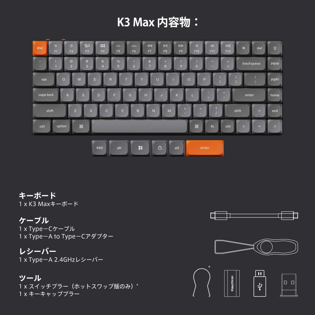 Keychron / K3 Max QMK/VIA ワイヤレス カスタム・メカニカルキーボード White LED 静音赤軸 JIS配列（かな印字なし）