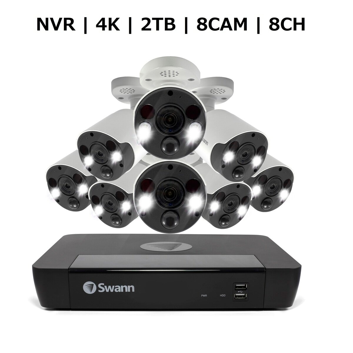 Swann（スワン）8CH 4K NVRシステム 2TB 4K 顔認識 バレット カメラ 8台セット