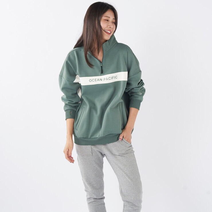 オーシャンパシフィック レディース ハーフジップ スウェットシャツ カーキ L