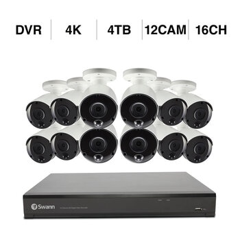 SWANN 16CH 4K DVRシステム 4TB 投光器 バレット型 カメラ12個