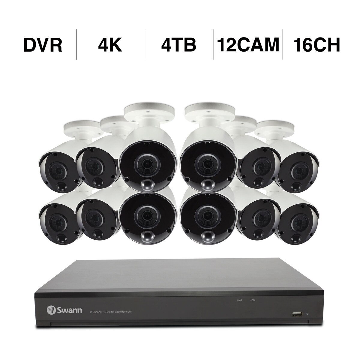 Swann（スワン）16CH 4K DVRシステム 4TB 投光器 バレット型 カメラ12台