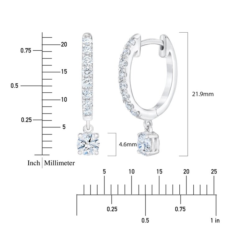 14K ホワイトゴールド 1.00カラット ラウンドカット ダイヤモンド ダングルフープピアス