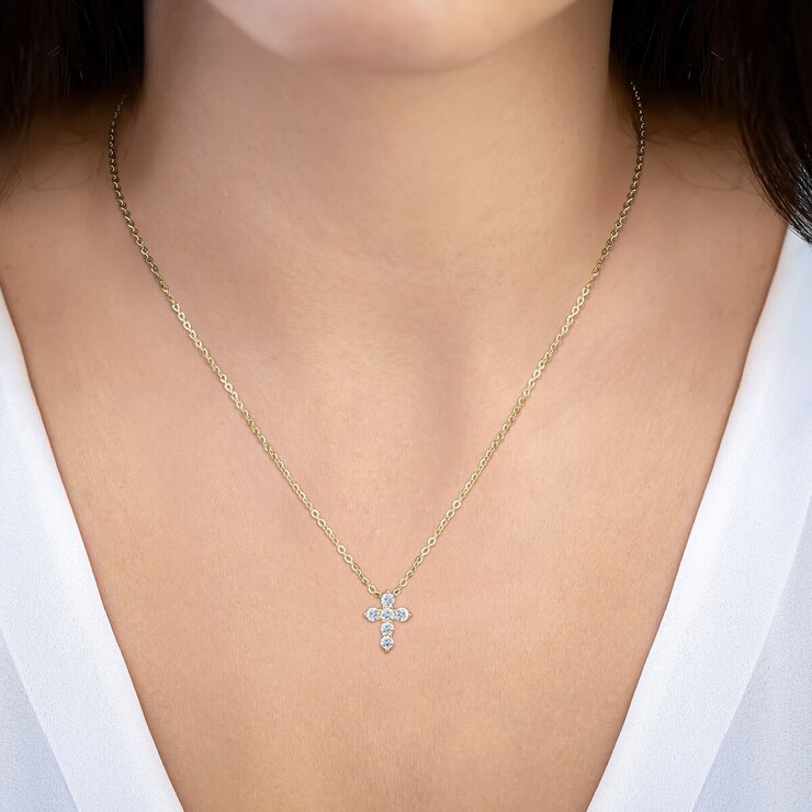 14K イエローゴールド 0.50カラット ラウンドカット ダイヤモンド クロスネックレス