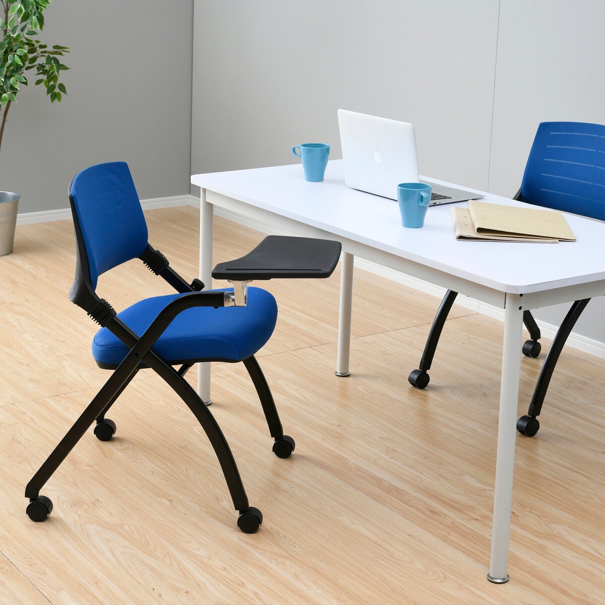 YAMAZEN キャスター付きミーティングチェア メモ台付き ブルー