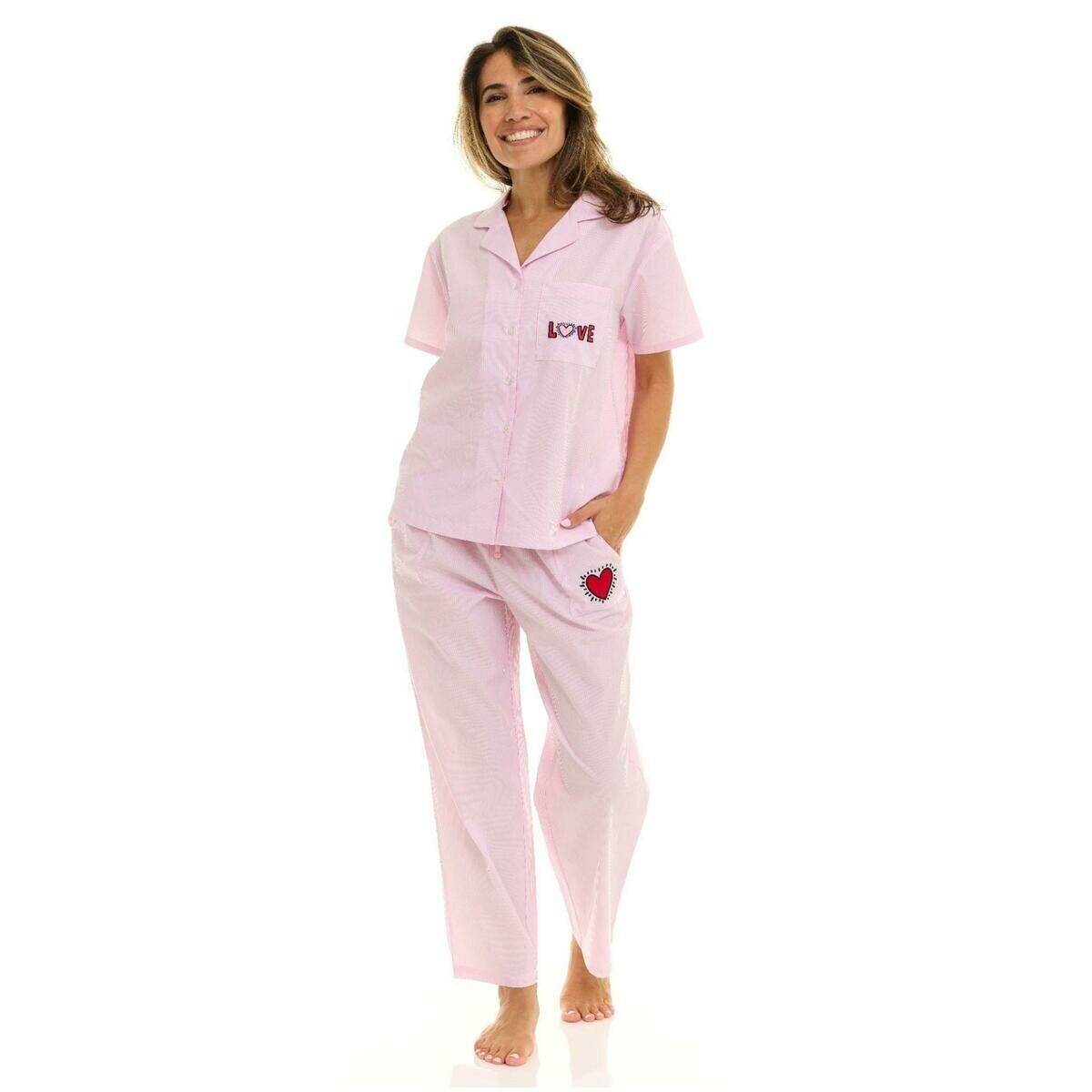 キース へリング レディース パジャマ ピンク ストライプ L