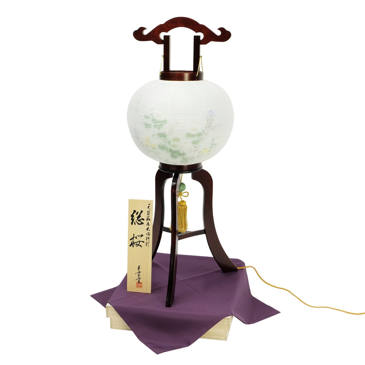 盆提灯 銘木行灯 総桜11号絹二重絵入  桐箱付き