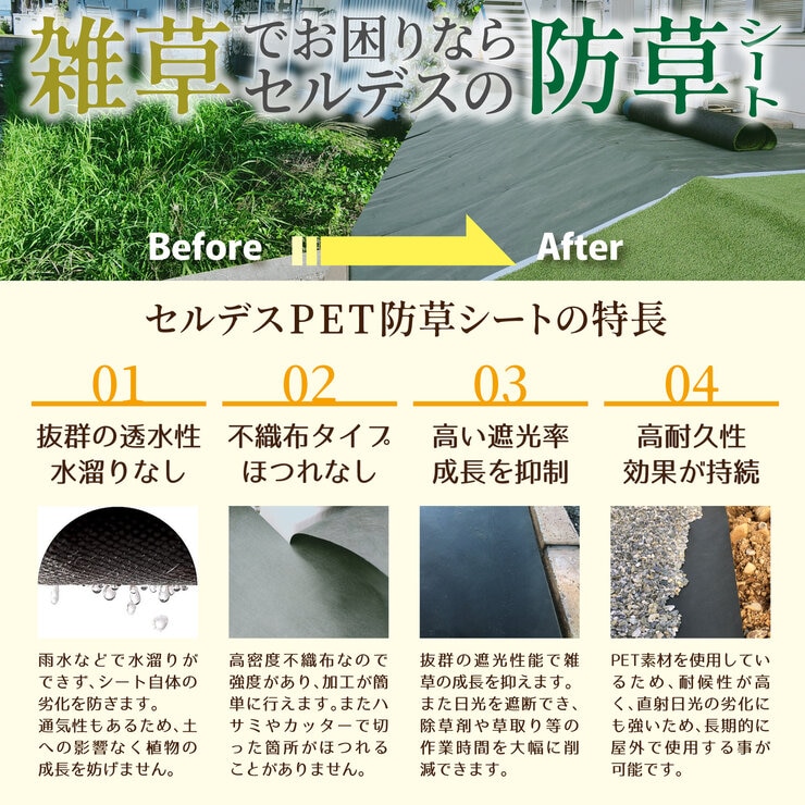 セルデス PET防草シート 100g/㎡ 1x50m 2本 & U字固定ピン 50本 x 2袋 セット セルデス PET防草シート 100g/㎡ 1x50m 2本 & U字固定ピン 50本 x 2袋 セット