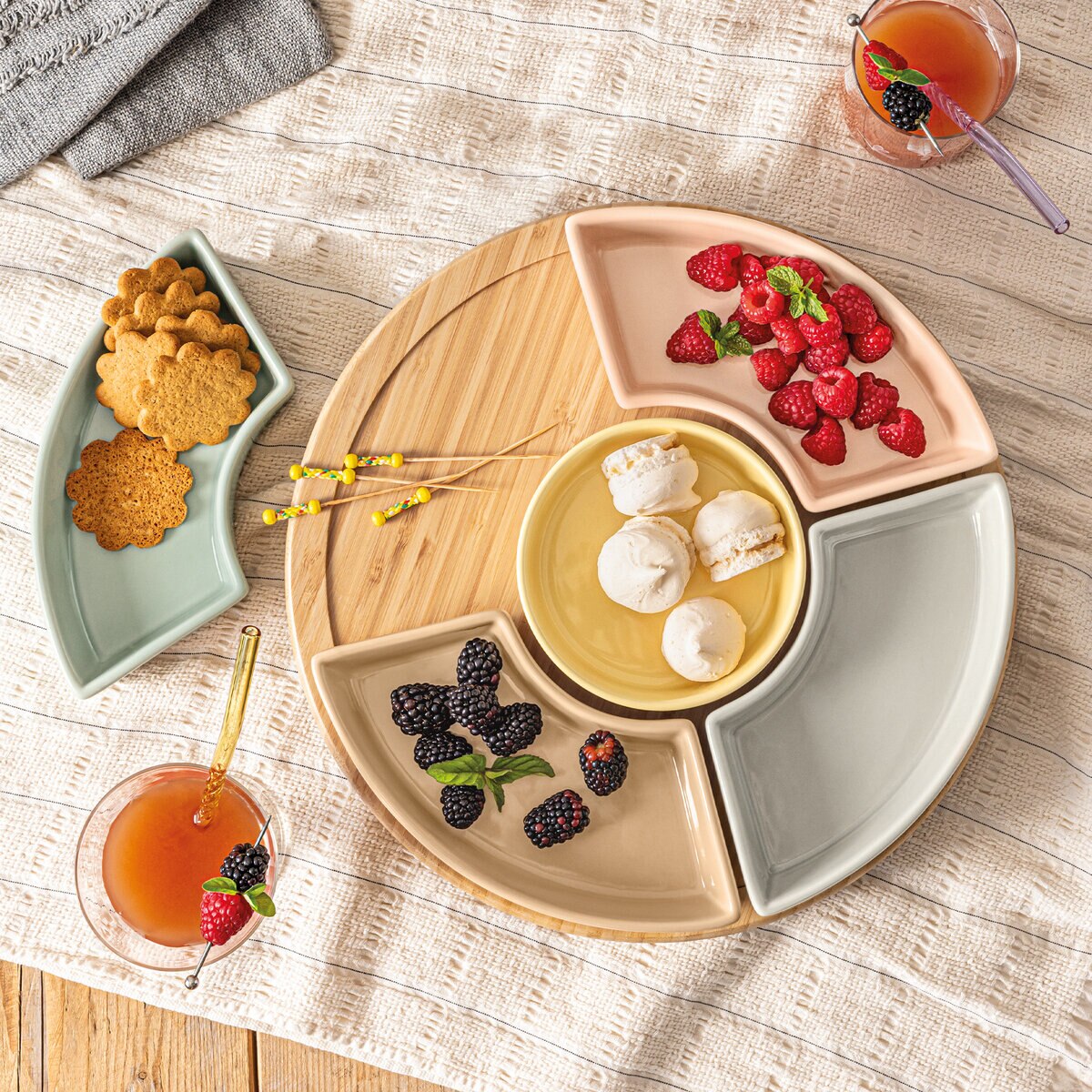 オーバーアンドバック オードブルプレート 5皿 竹製回転台付 パステル