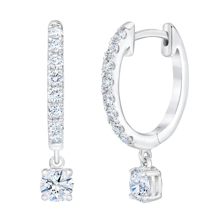 14K ホワイトゴールド 1.00カラット ラウンドカット ダイヤモンド ダングルフープピアス