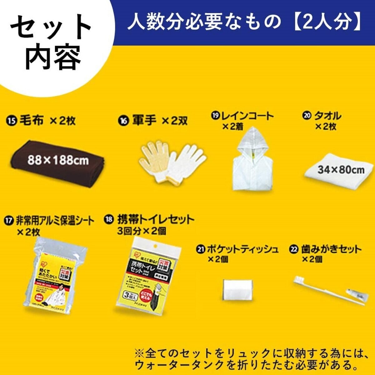 アイリスオーヤマ 避難リュックセット家族用22点 O-HR-22K