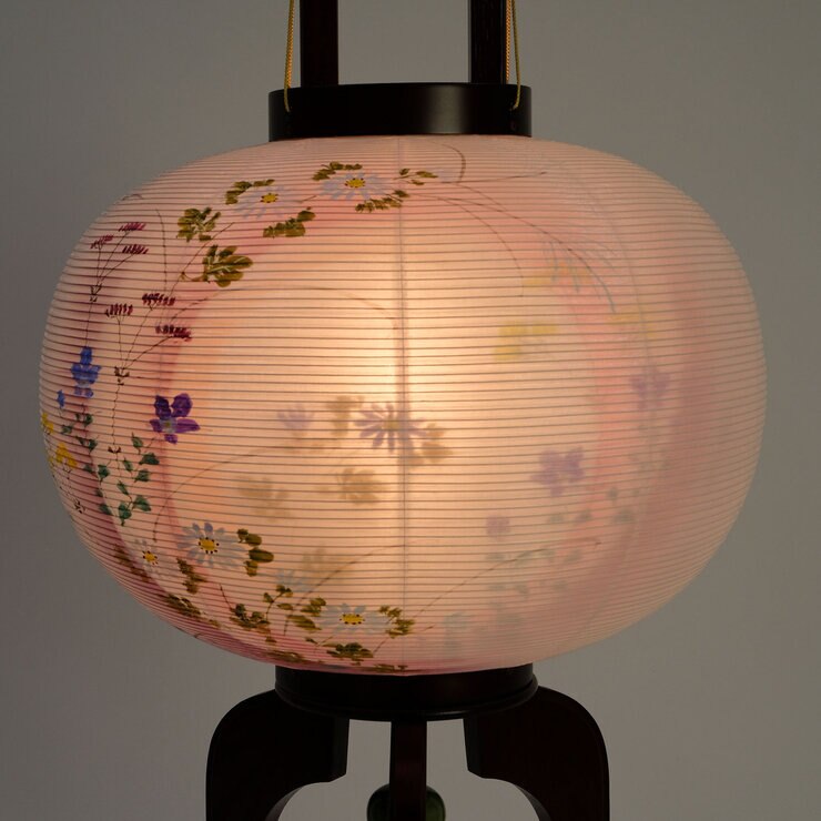 盆提灯 行灯 雅木目ワイン大12号絹二重絵入 盆提灯 行灯 雅木目ワイン大12号絹二重絵入