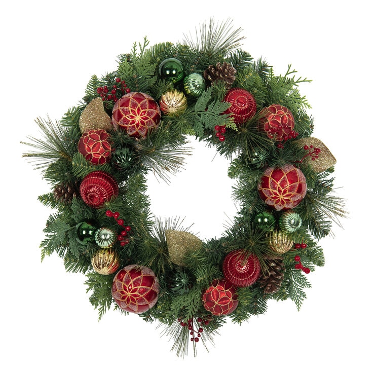 クリスマスデコレーションリース 赤＆シルバー 直径61cm