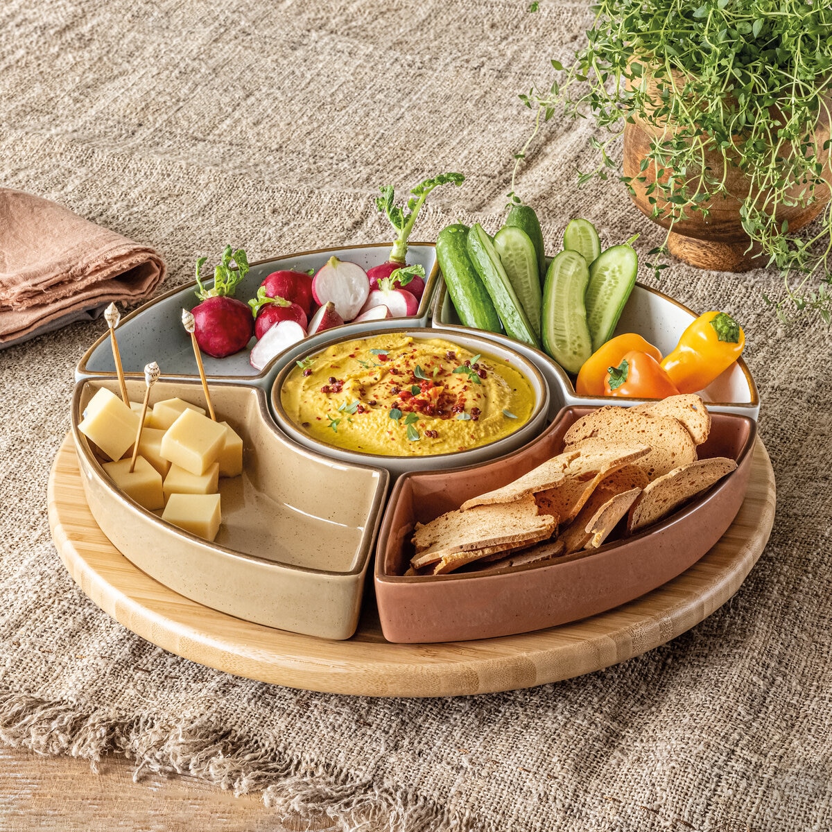 オーバーアンドバック オードブルプレート 5皿 竹製回転台付 シック