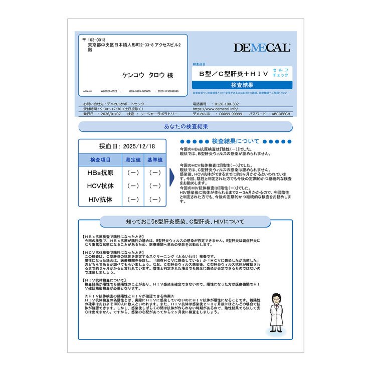 DEMECAL（デメカルキット）B型C型肝炎+HIV セルフチェック