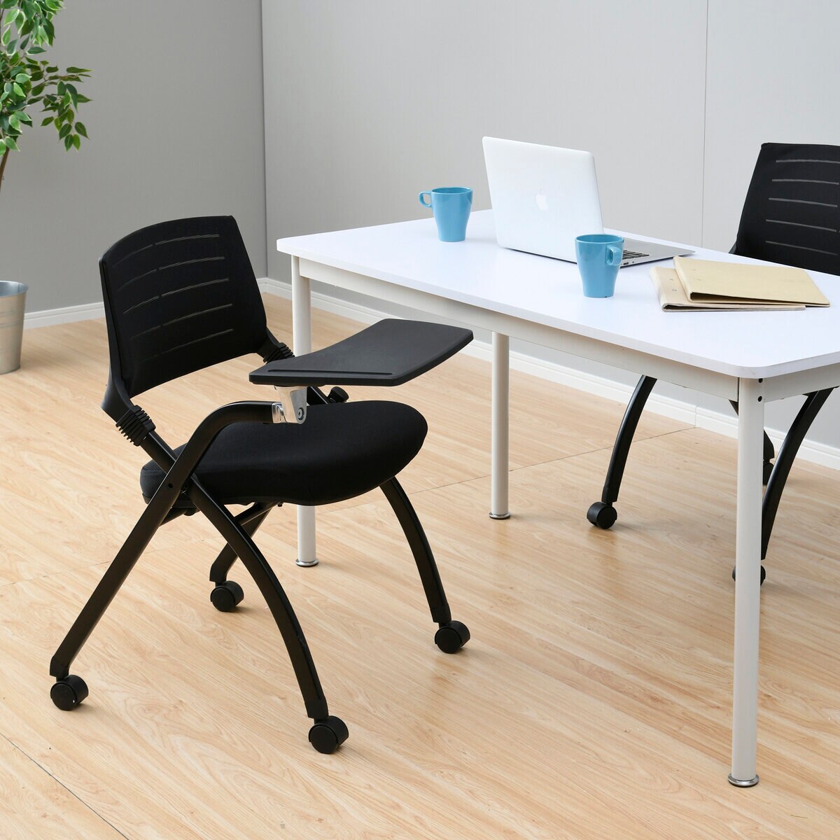 YAMAZEN キャスター付きミーティングチェア メモ台付き ブラック