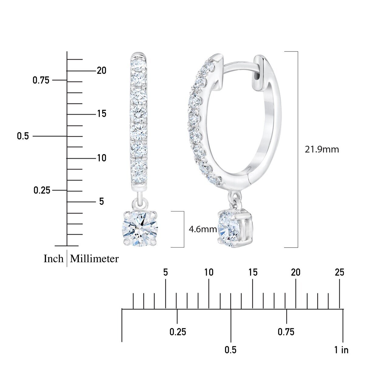 14K ホワイトゴールド 1.00カラット ラウンドカット ダイヤモンド ダングルフープピアス