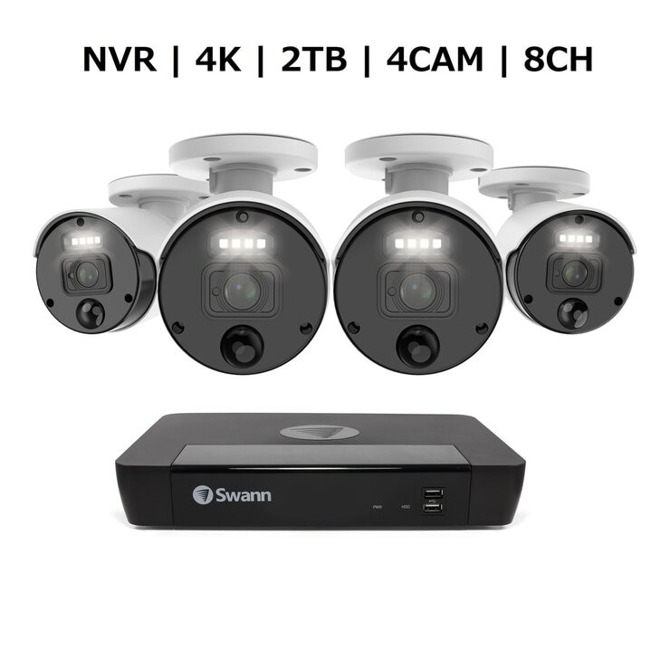 中古美品 Swann（スワン）8CH 4K NVRシステム 2TB 4K バレット カメラ 4台セット型番SWNK-876804検） 防犯カメラ 赤外線カメラ コストコ Swann 8CH 4K NVRシステム 2TB 4K バレット カメラ 4台セット | Costco